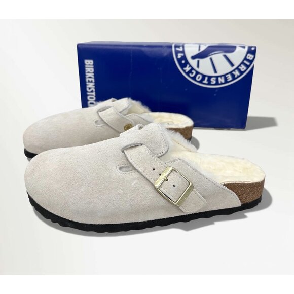 Birkenstock Boston Shearling Suede Clogs Antique White EU 38 Fur Lined - Picture 13 of 16